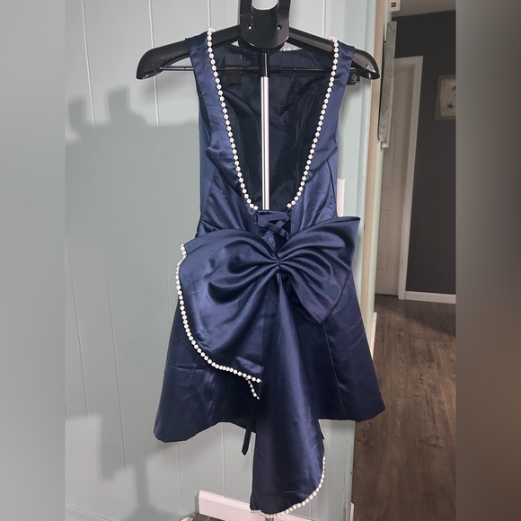 Navy Blue Mini Dress with White Pearl Accents - Picture 2 of 7